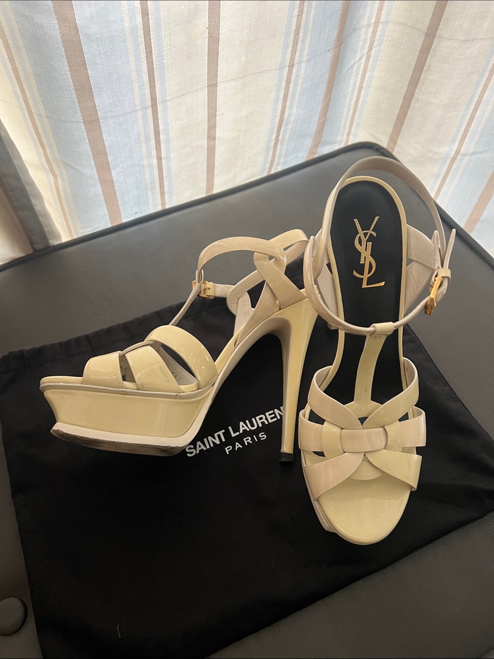 Saint Laurent Cream Patent Leather Platform Sandals